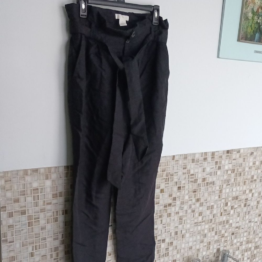 H&M Black Trousers with Belt Linen Blend